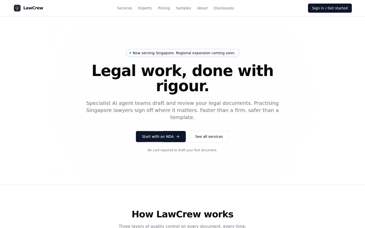 LawCrew Singapore legal-document platform showing its AI agent drafting and quality-control workflow